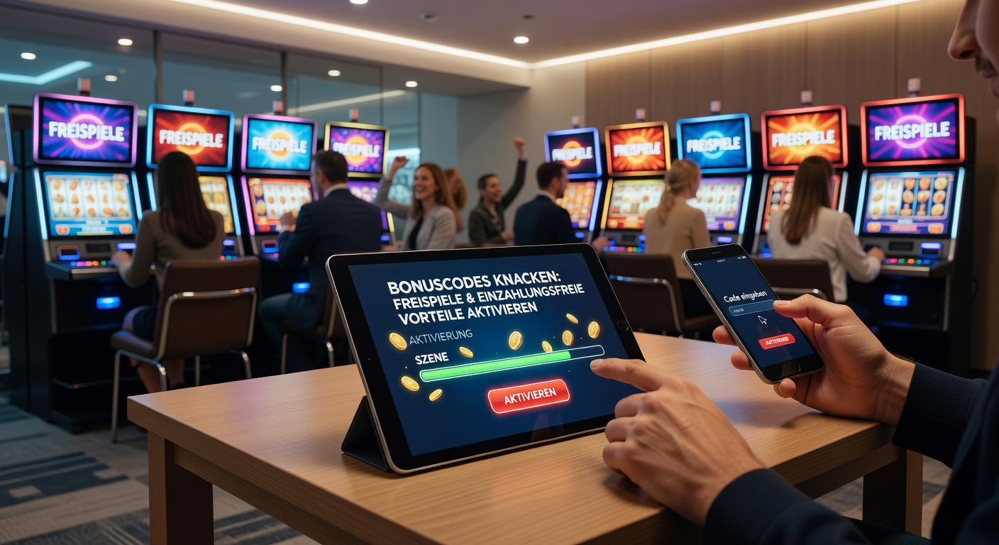 Visuelle Erklärung eines No-Deposit-Bonus mit Code-Eingabe, Freispins-Symbolen und einem sich drehenden Slot-Rad, das Erfolge symbolisiert